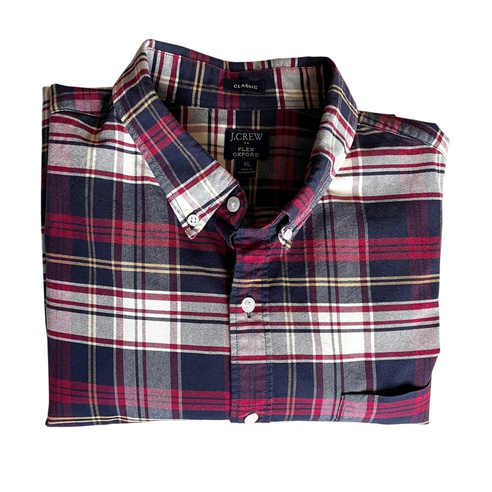 J Crew Classic Fit Flex Oxford Men's XL Button Down Plaid Shirt Navy Red CLEAN!